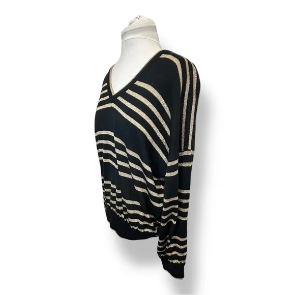 Laurette Women’s Striped V-Neck Sweater VTG Wool Blend Black/Metallic Gold 2X - Picture 3 of 11